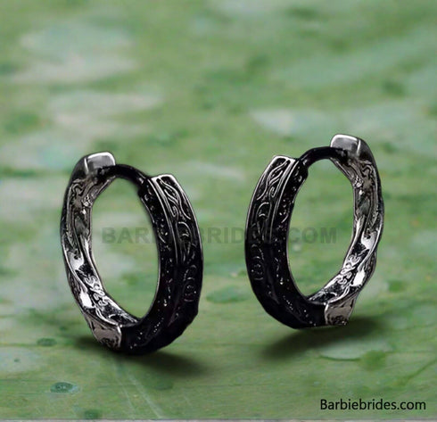 Retro Tang Grass Grain Sense Textured Black Silver Niche Men Women Hoop Earrings